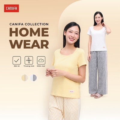 Bộ quần áo mặc nhà nữ CANIFA quần dài ống rộng áo ngắn tay cổ vuông 6LS26S008