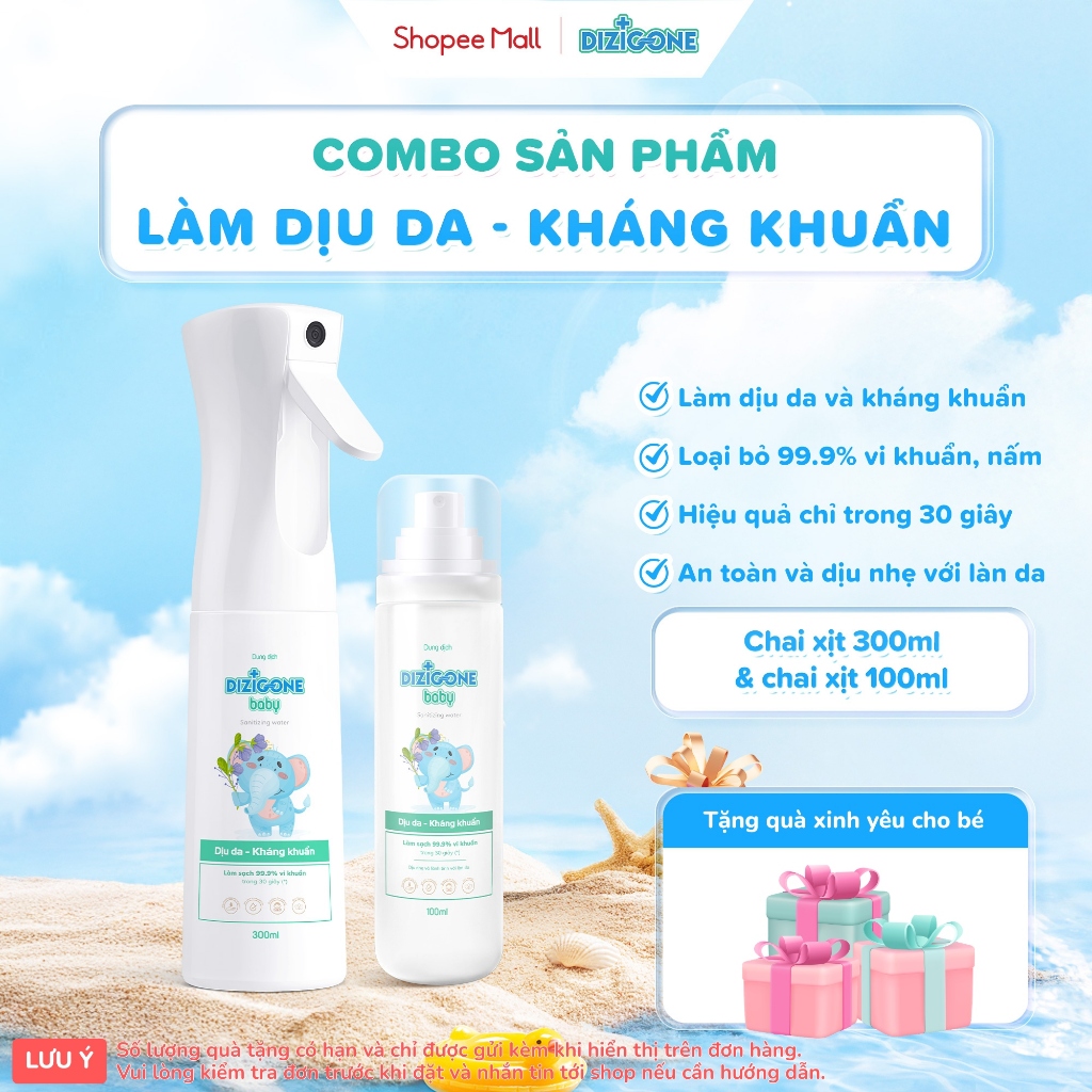 [COMBO] Dung dịch DIZIGONE Baby - Chai xịt 300ml & 100ml: Giúp làm sạch da, kháng khuẩn và làm dịu d