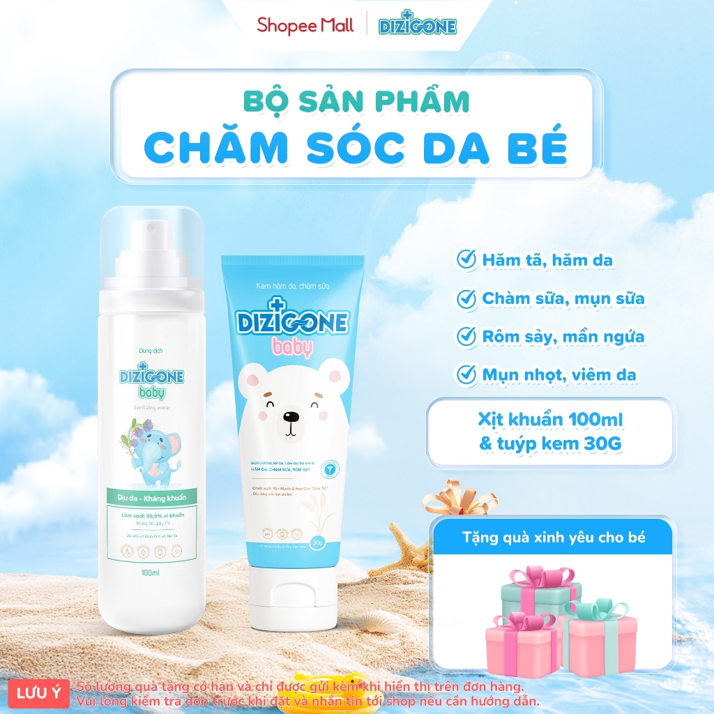 [COMBO] Dung dịch DIZIGONE Baby - Chai xịt 100ml & Kem hăm da, chàm sữa DIZIGONE Baby - Tuýp 30g