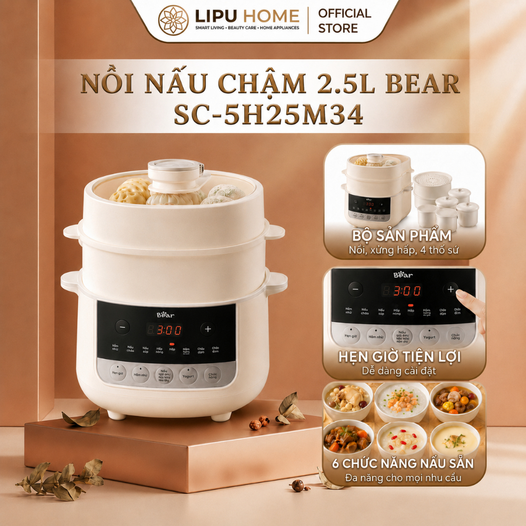 Nồi Nấu Chậm 2.5L BEAR SC-5H25M34 - 7 Chế Độ Ninh Hầm Cháo Dinh Dưỡng, Bảo Hành 18 Tháng
