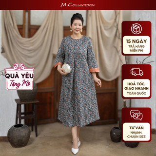 M COLLECTION | Váy Đầm Nữ Trung Niên Tặng Mẹ Cổ Tròn Vải Gấm Hoa Taffta Tay Dài Đi Tiệc D13372