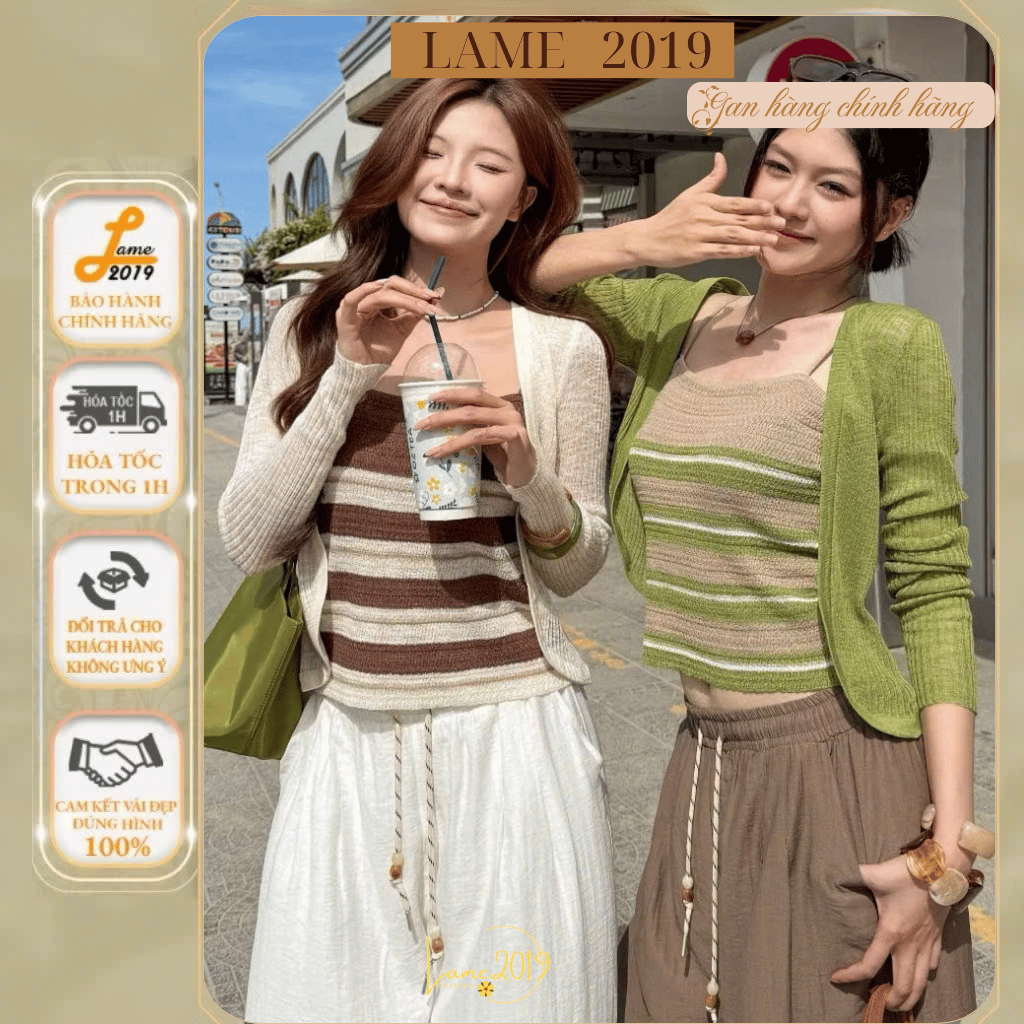 Áo Khoác Cardigan Thin Tay Dài Kèm Áo 2 Dây Kẻ Sọc Ngang Style Hàn Quốc Yame19