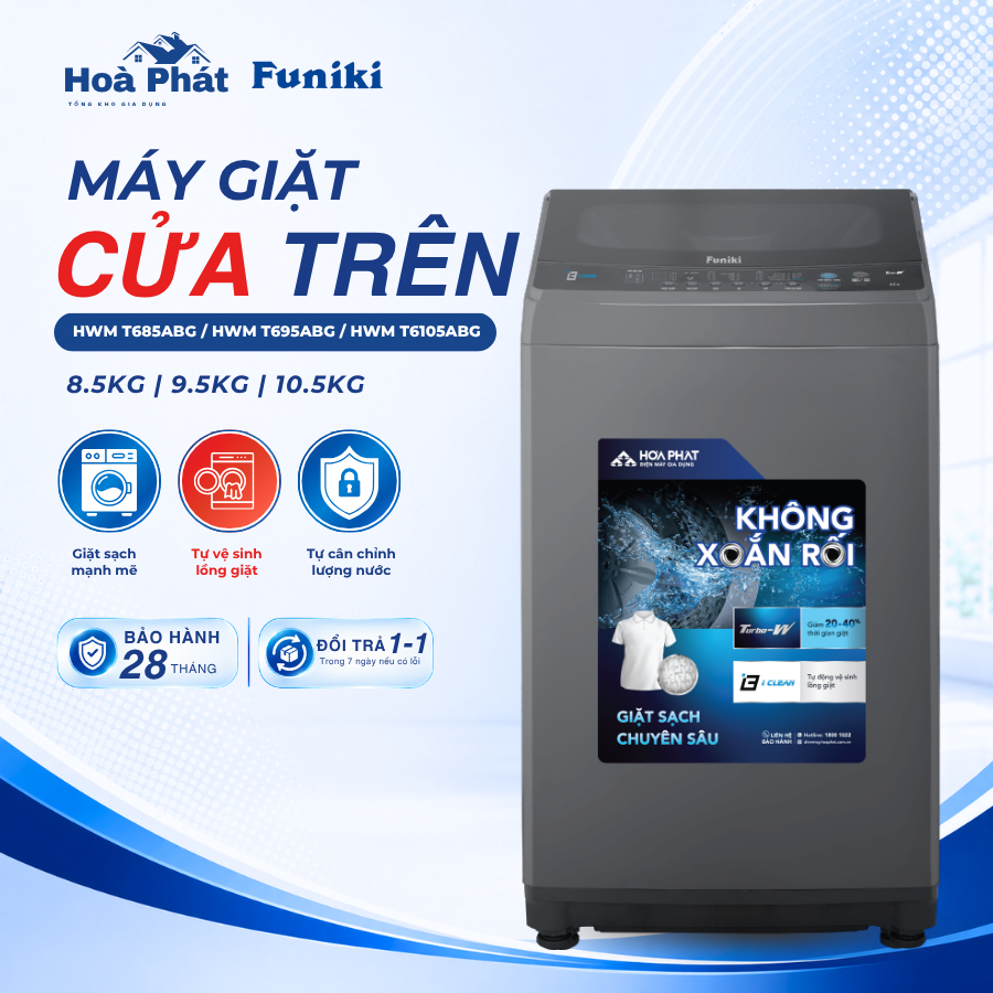 Máy giặt cửa trên Funiki HWM T685ABG / HWM T695ABG / HWM T6105ABG 8.5Kg 9.5Kg 10.5Kg