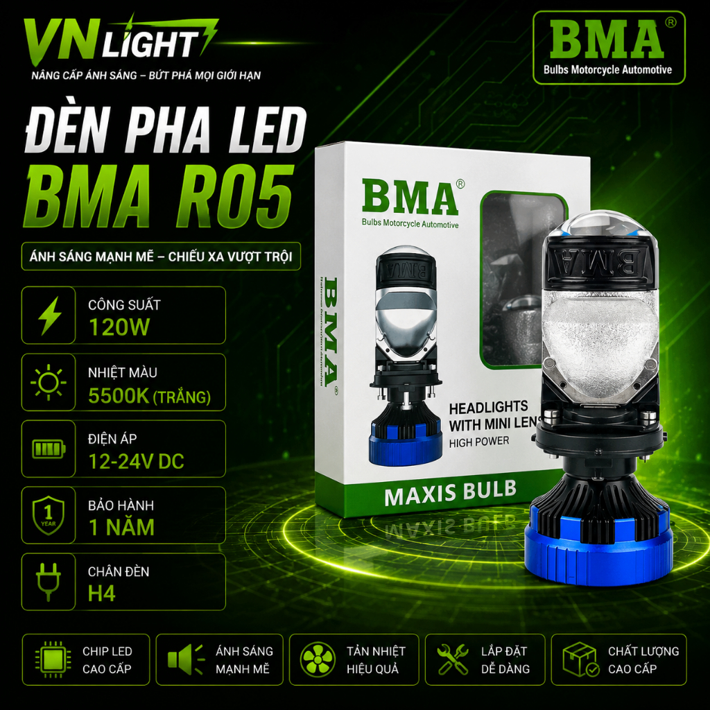 Đèn Pha LED BMA R05 Công Suất 120W Chính Hãng Siêu Sáng Cos Pha Rõ Nét Bám Đường Cao Cấp BH 1 Năm