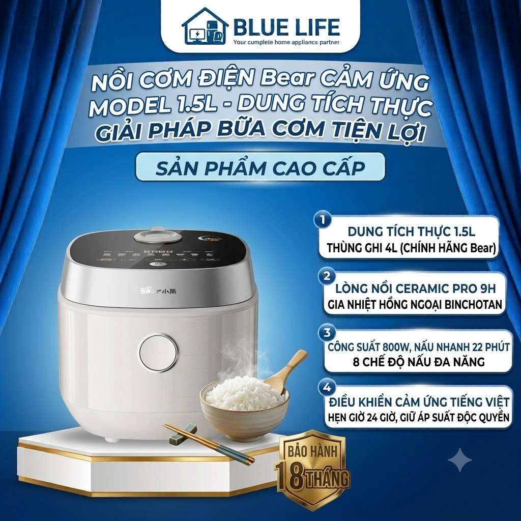 Nồi Cơm Điện Tử Bear RC-4H40Y, 1,5L - 800W - Ceramic Pro 9H - 8 chế độ nấu, Hàng Chính Hãng