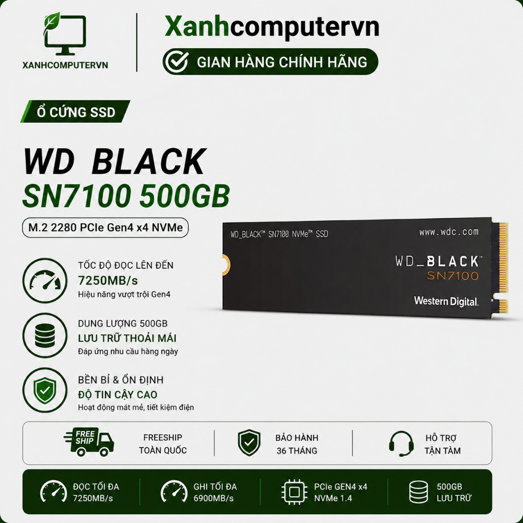 Ổ Cứng SSD WD Black SN7100 dung lượng 500 GB PCle Gen 4 x 4 NVMe M.2 2280 - Bảo hành chính hãng 60 t