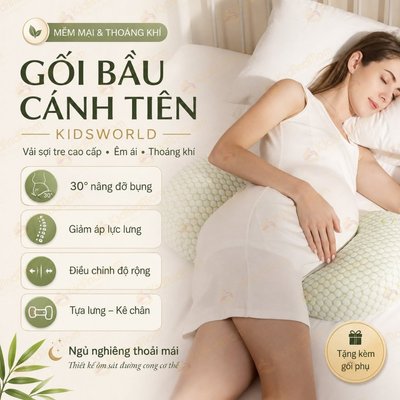 Gối Bầu Cánh Tiên Sợi Tre, Nhung Tăm Organic Cao Cấp KidsWorld Hỗ Trợ Giảm Đau Lưng Cho Mẹ Bầu