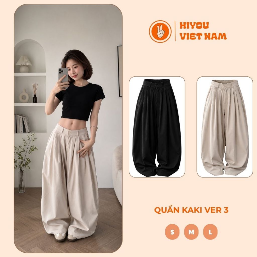 Quần Kaki Xếp Ly, Quần Kaki Ver 3 Tôn Dáng Chất Kaki Ống Rộng, Quần Ống Cong 2 Màu Đen Kem Hiyou