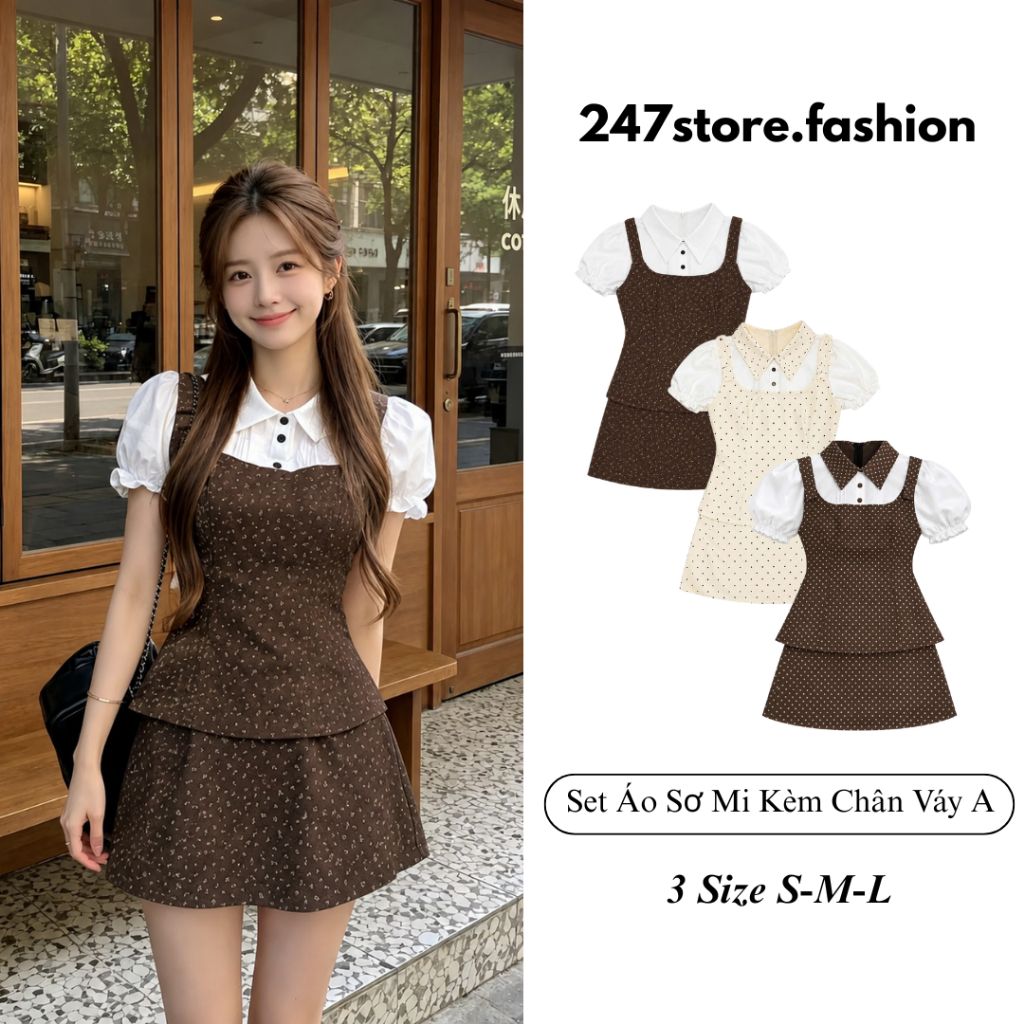 Set Đồ Nữ Áo Sơ Mi Tay Bồng Kèm Chân Váy A Họa Tiết Xinh Xắn Style Hàn Quốc Đi Chơi Mùa Hè 247Store | BigBuy360 - bigbuy360.vn
