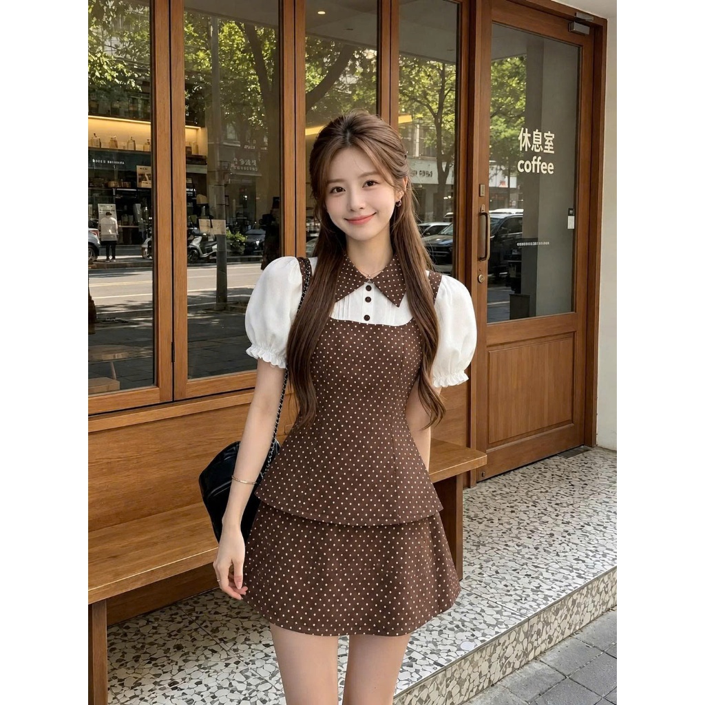 Set Đồ Nữ Áo Sơ Mi Tay Bồng Kèm Chân Váy A Họa Tiết Xinh Xắn Style Hàn Quốc Đi Chơi Mùa Hè 247Store | BigBuy360 - bigbuy360.vn
