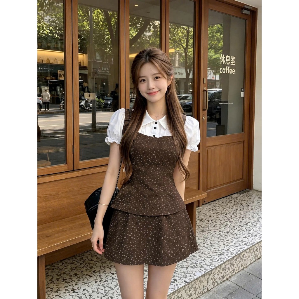 Set Đồ Nữ Áo Sơ Mi Tay Bồng Kèm Chân Váy A Họa Tiết Xinh Xắn Style Hàn Quốc Đi Chơi Mùa Hè 247Store | BigBuy360 - bigbuy360.vn