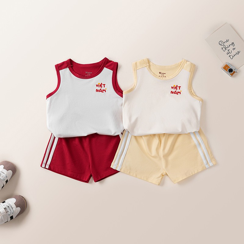 Bộ quần áo 3 lỗ Unbee bé trai bé gái phối màu - Bộ unbee mùa hè ba lỗ thể thao in chữ Việt Nam