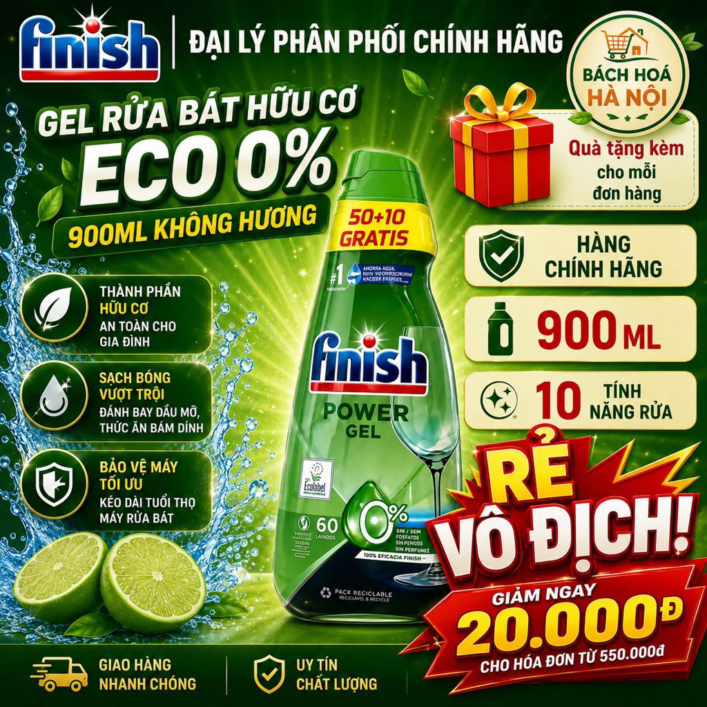 Gel máy rửa bát Finish Power Eco 0% 900ML và Dầu bóng Finish Eco 400ml, túi 45 viên Ultimate Eco