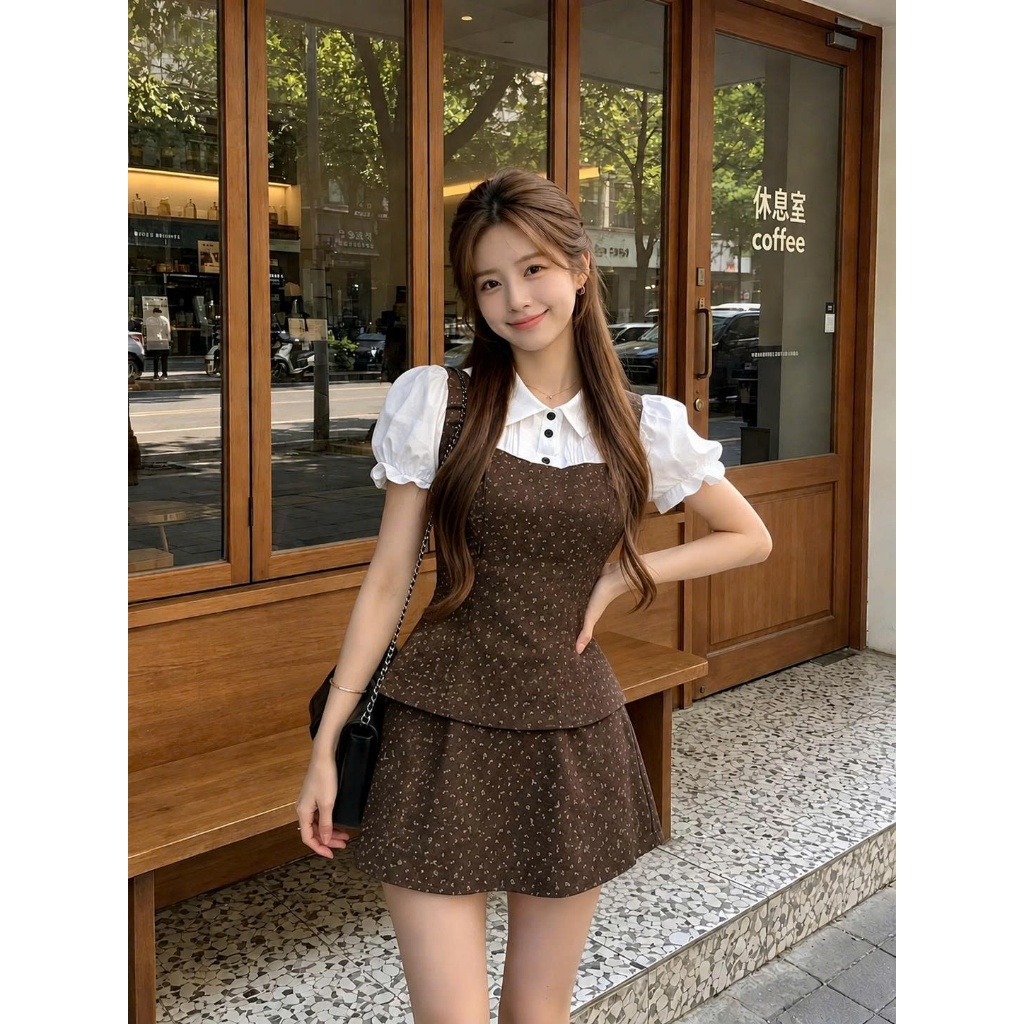 Set Đồ Nữ Áo Sơ Mi Tay Bồng Kèm Chân Váy A Họa Tiết Xinh Xắn Style Hàn Quốc Đi Chơi Mùa Hè 247Store | BigBuy360 - bigbuy360.vn