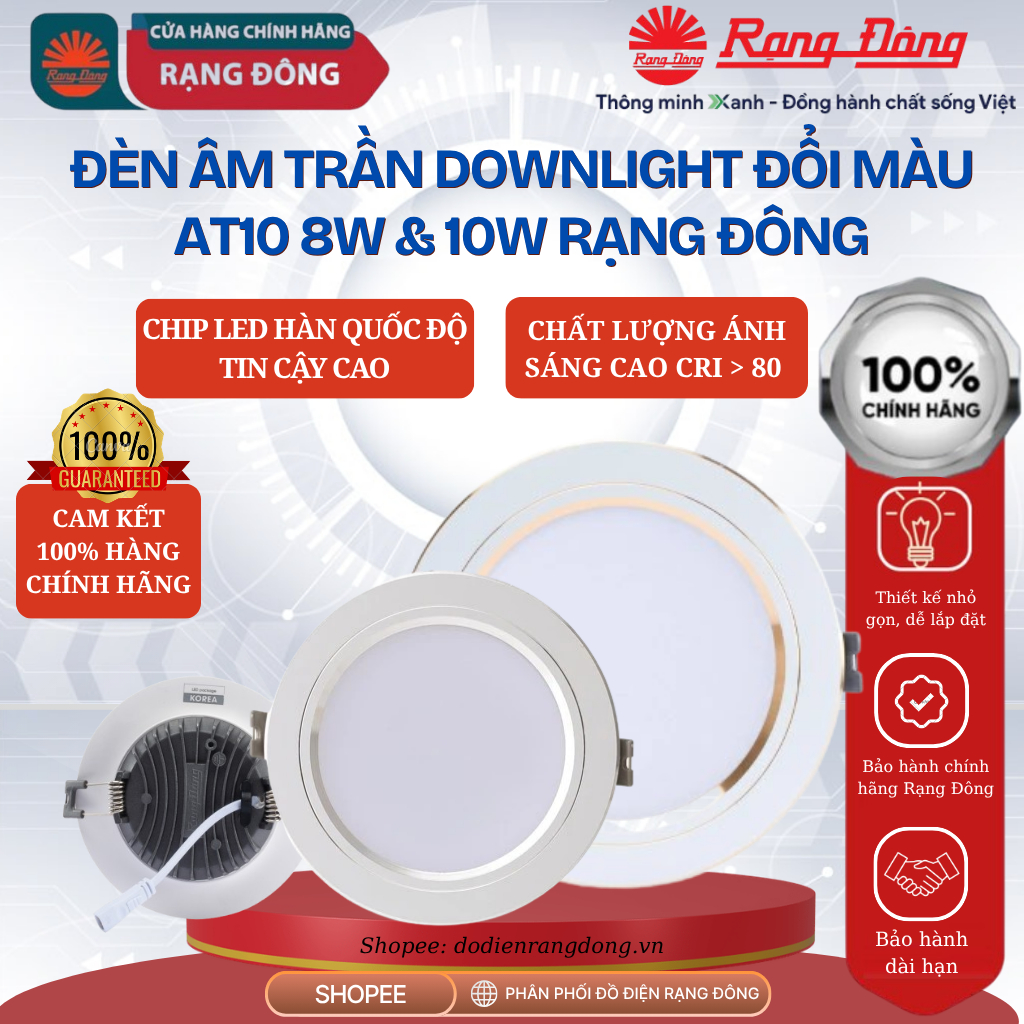 Đèn LED Âm Trần Rạng Đông Đèn Downlight AT10 khoét lỗ trần 90/8W & 90/10W Đổi Màu - Model: AT10