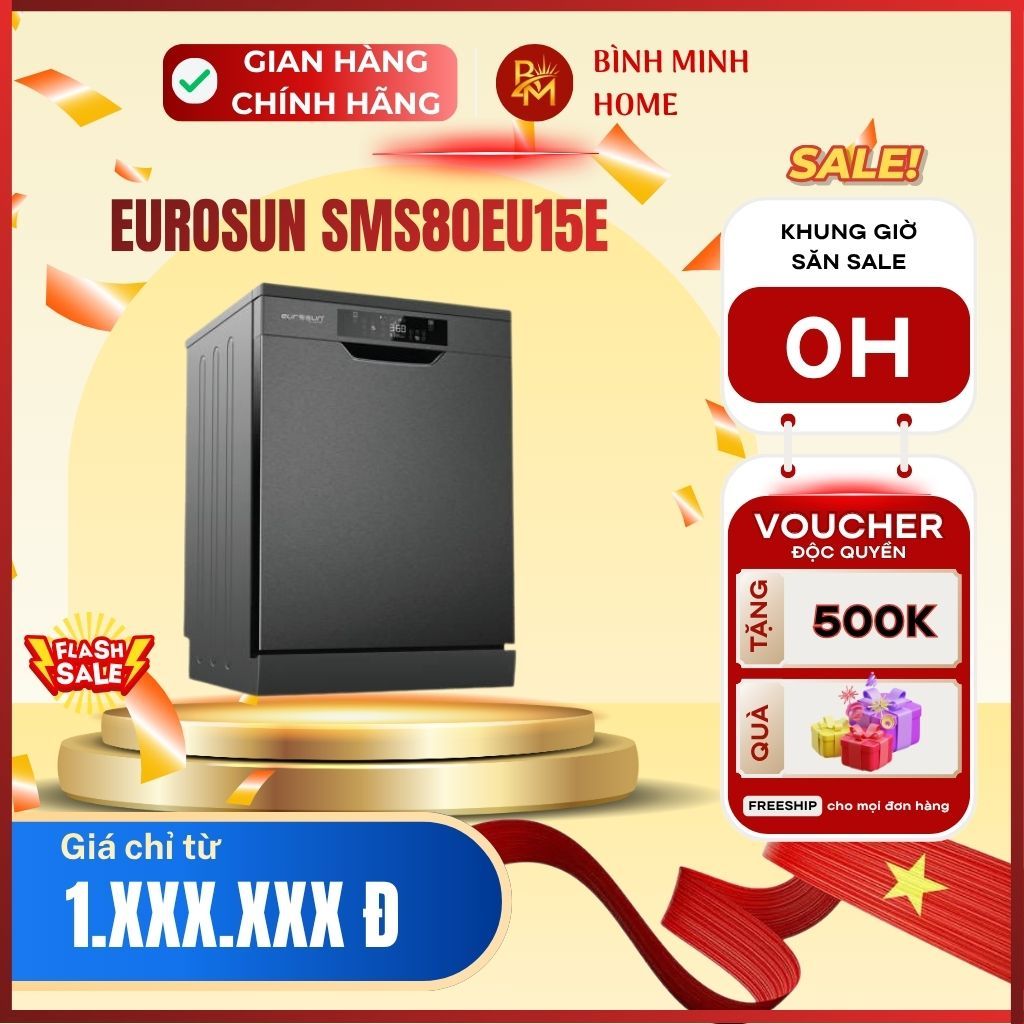 Máy rửa chén Eurosun SMS80EU15E. Máy rửa chén âm tủ 14 bộ, động cơ BLDC Inverter, sấy Turbo Drying