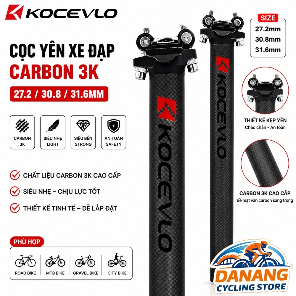 Cọc Yên Xe Đạp Carbon KOCEVLO 27.2/30.8/31.6mm – Nhẹ Bền, Giảm Chấn