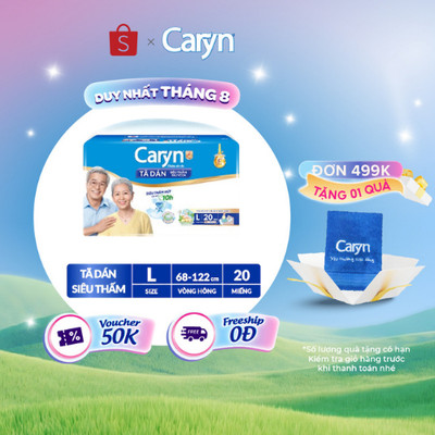 Tã/Bỉm dán người lớn siêu thấm Caryn dành cho người hạn chế khả năng đi lại Size L (8/10/20/40pcs)(tặng miếng ngẫunhiên)