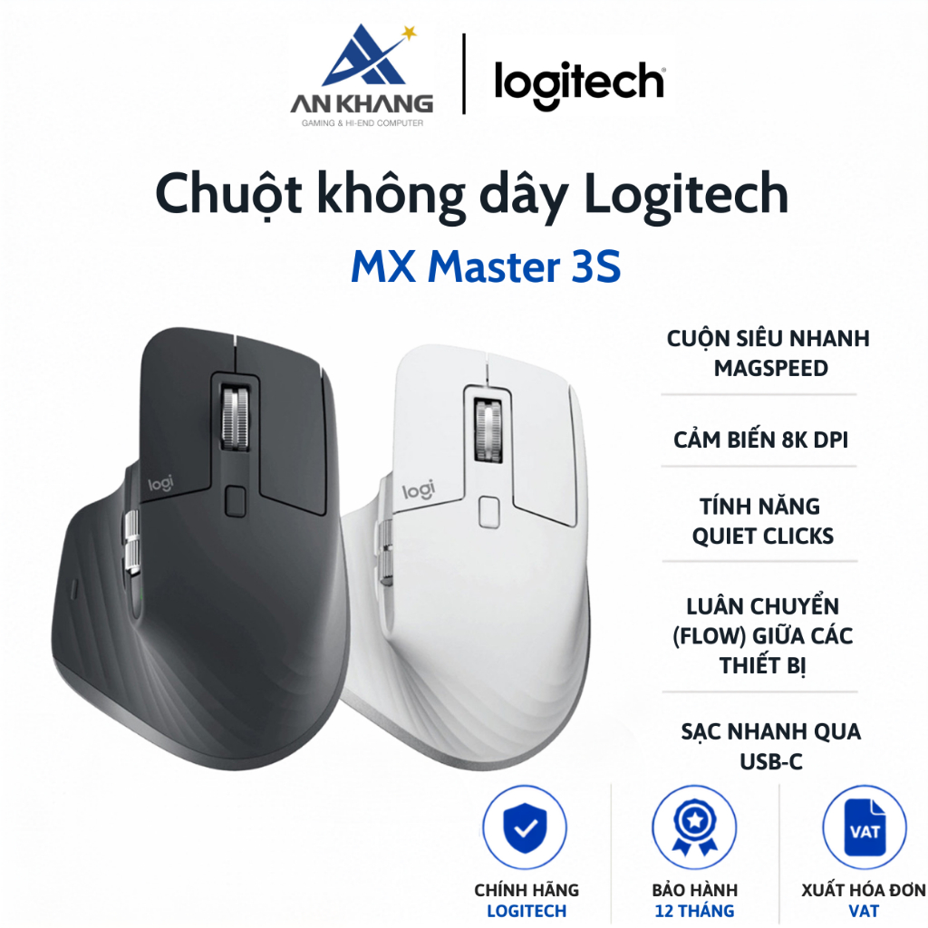 Chuột không dây Logitech MX Master 3S Bluetooth USB kèm Cáp sạc 7 nút Cuộn siêu nhanh Chính hãng Bảo hành 12Tháng