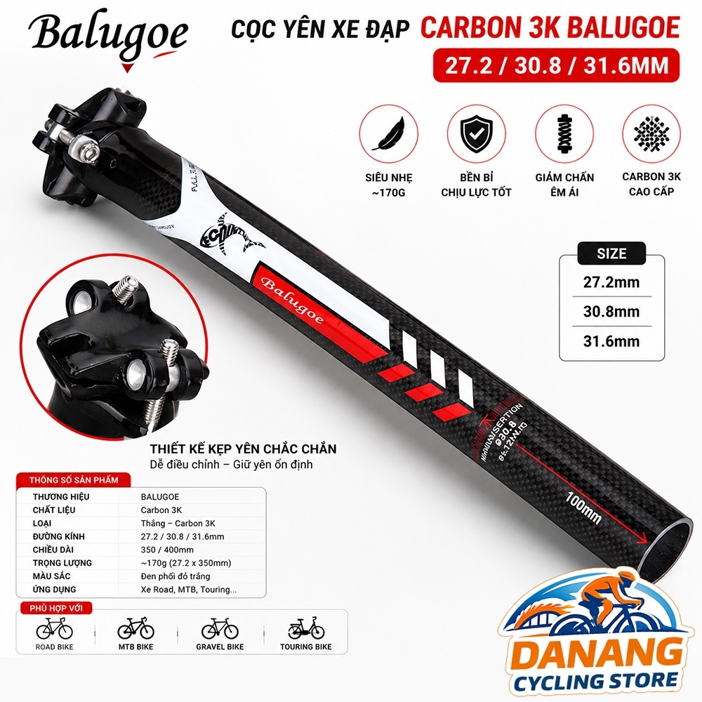 Cọc Yên Xe Đạp Carbon BALUGOE  27.2/30.8/31.6mm – Nhẹ Bền, Giảm Chấn