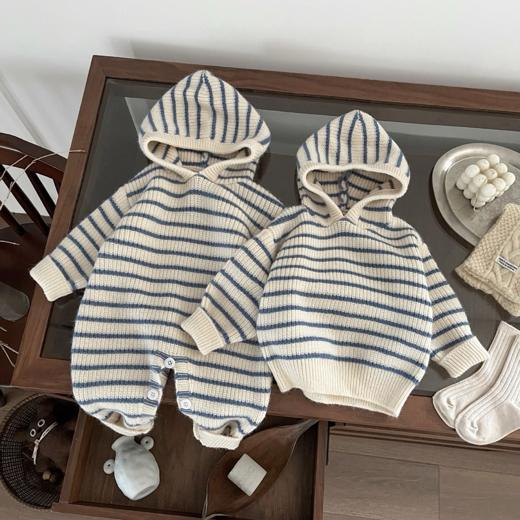 body len cho bé kẻ sọc ngang áo hoddie len cho anh em mặc cặp