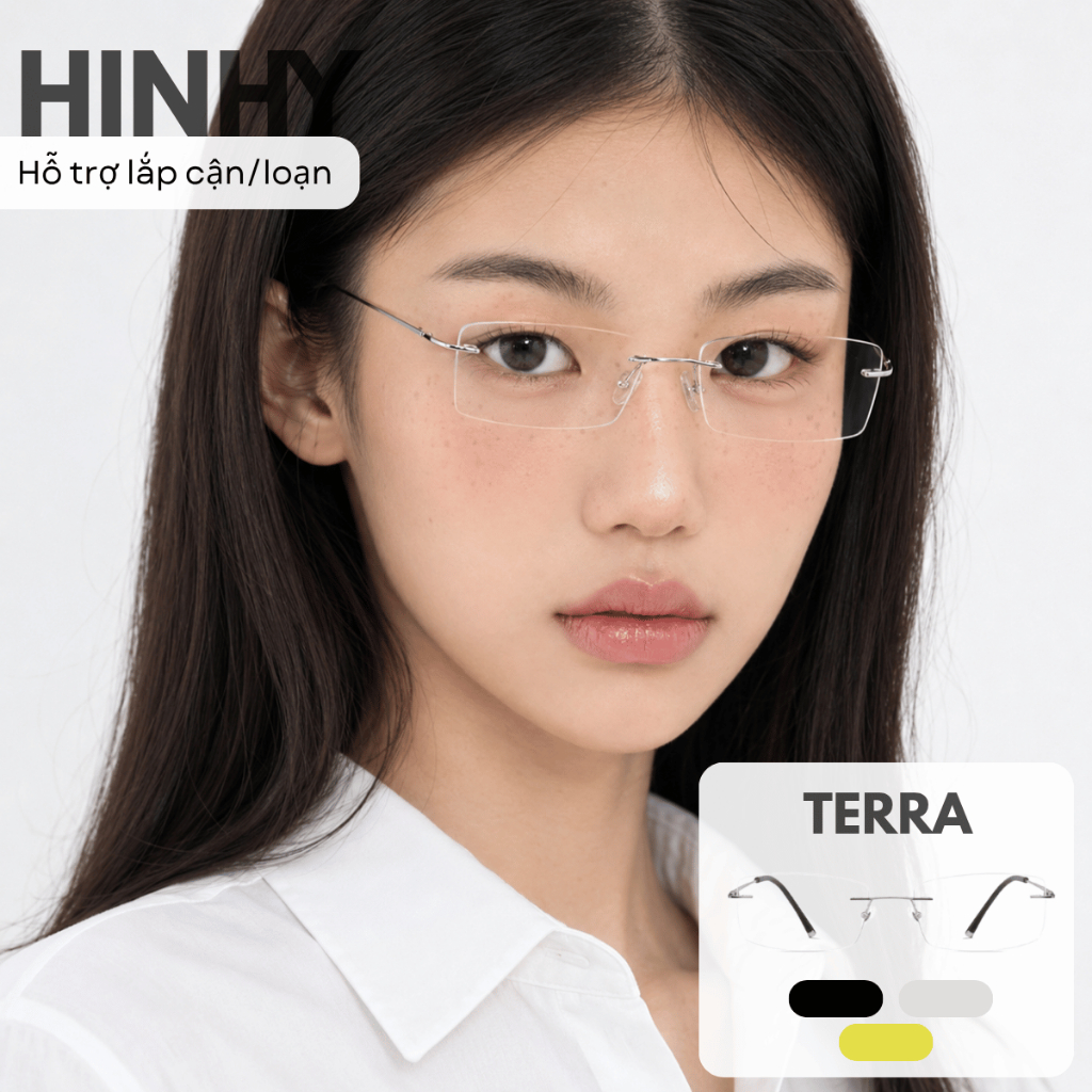 Gọng kính khoan không viền titanium dẻo [nhận lắp cận] Tiệm Kính Hinhy dáng vuông | TERRA