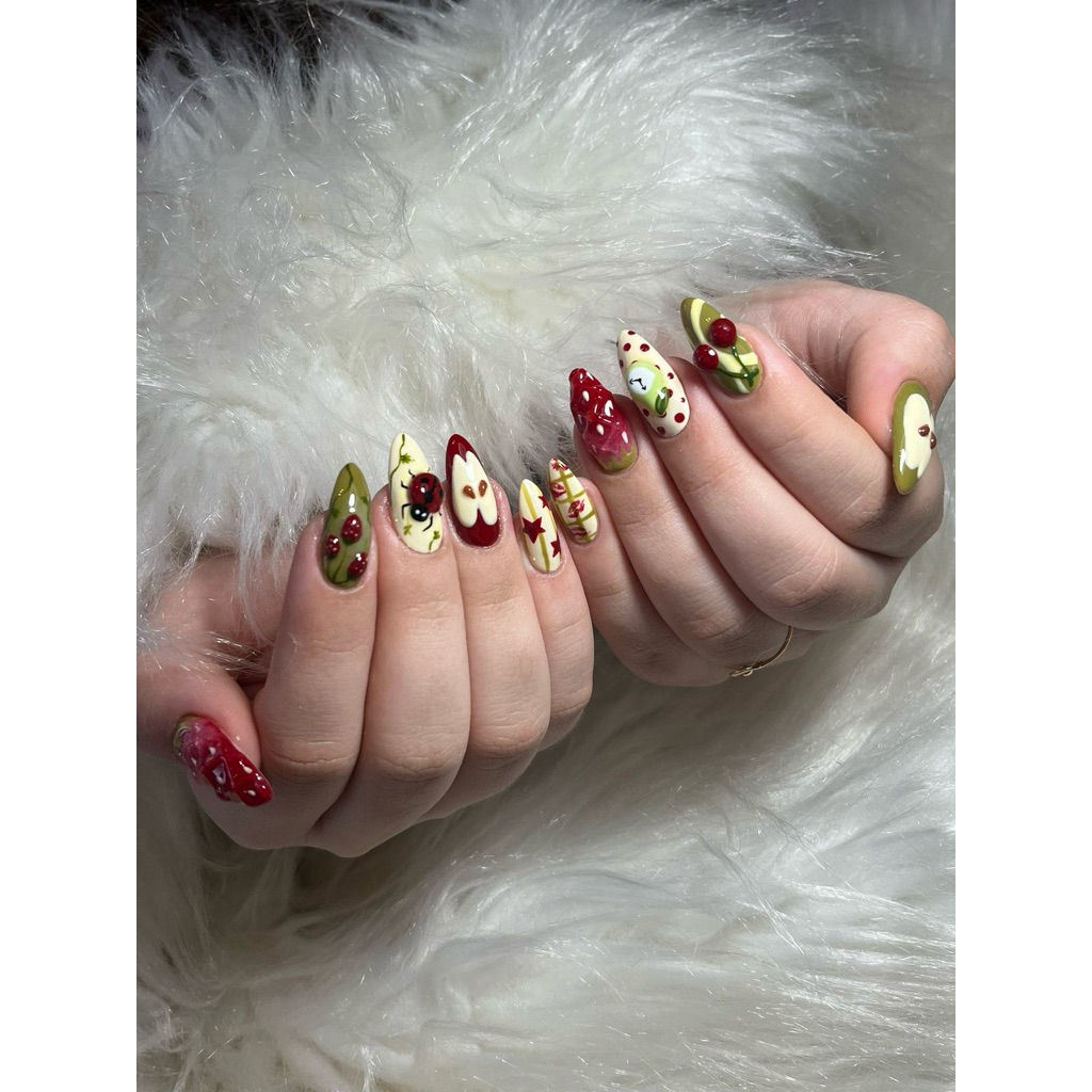 Press on nail độc đáo handmade nail táo đỏ lá xanh