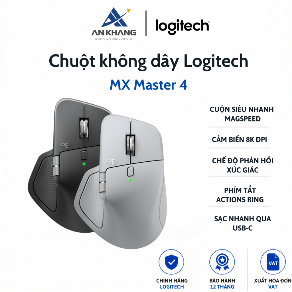 Chuột không dây Logitech MX Master 4 - Rung phản hồi, Cuộn siêu nhanh, Sạc USB-C, Bluetooth Chính hãng Bảo hành 12 Tháng