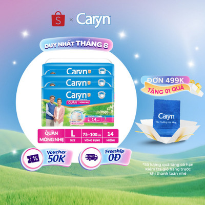 Bộ 3 Tã/Bỉm Quần Người Lớn Caryn Mỏng Nhẹ Chống Tràn Dành Cho Người Già Có Thể Tự Đi Lại Size L (14/28pcs)