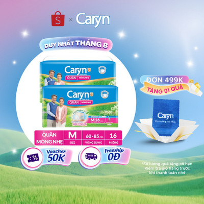Bộ 2 Tã/Bỉm Quần Người Lớn Caryn Mỏng Nhẹ Chống Tràn Dành Cho Người Già Có Thể Tự Đi Lại Size M (16/32pcs)