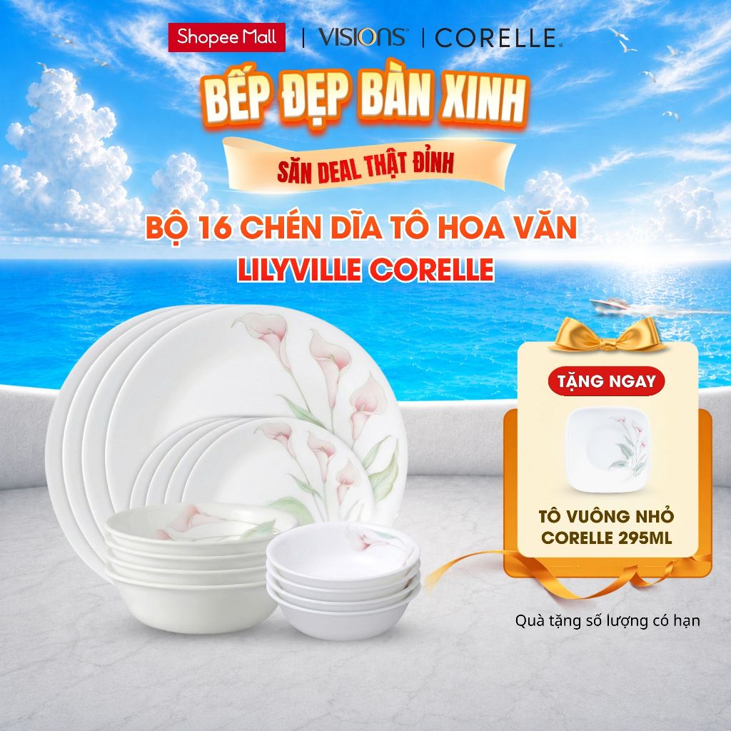 Bộ bàn ăn SET 16 cái 4 người  – Tô chén dĩa thủy tinh CORELLE LilyVille - 16-LV - Made in USA