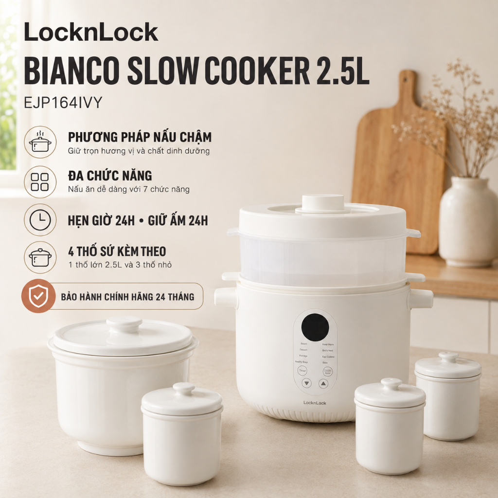 Nồi nấu chậm Locknlock Bianco Slow Cooker 2.5L EJP164IVY (nấu cháo, ninh hầm..) 4 thố sứ