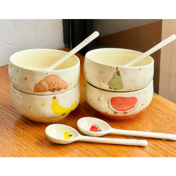 [SET 1 BÁT 1 THÌA] Bộ Chén Sứ Họa Tiết Trái Cây & Bánh Ngọt Dễ Thương – Chén Dưa Hấu + Muỗng