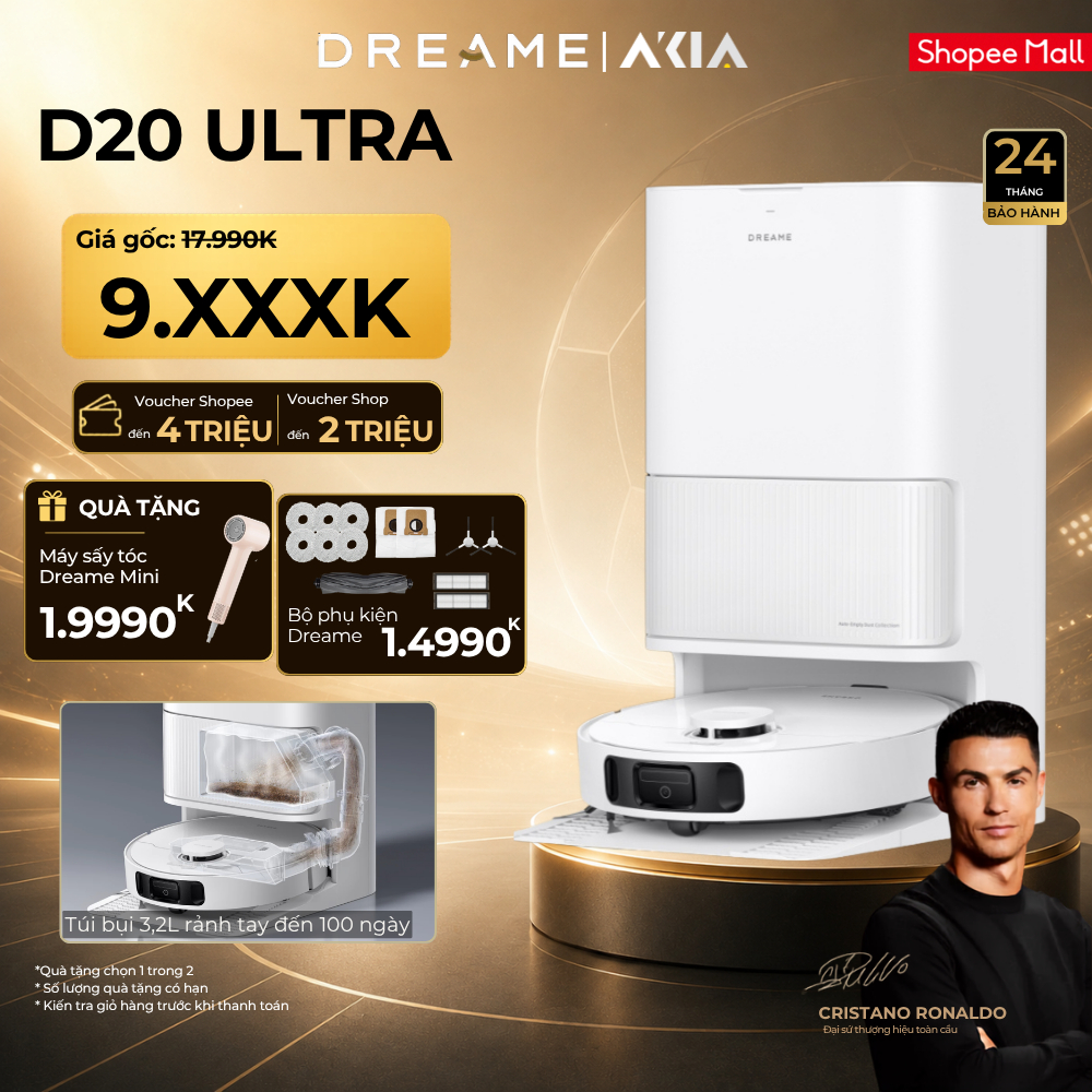 [TẶNG BỘ PHỤ KIỆN] Robot hút bụi lau sàn Dreame D20 Ultra - Lực hút 13.000Pa - BH 24 Tháng