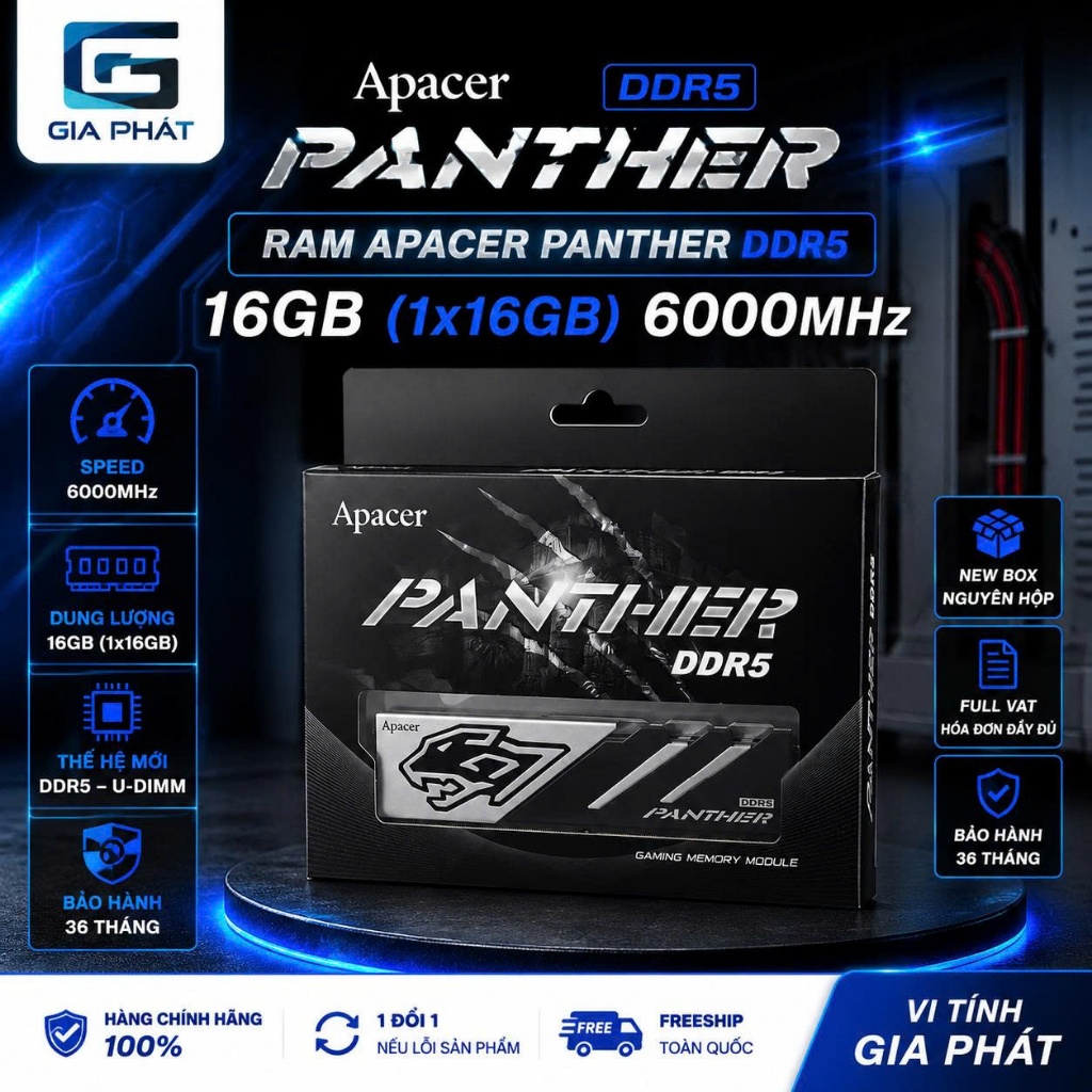 Ram PC APACER PANTHER 16GB DDR5 BUS 6000MHz / CL38 | Full VAT | BH 36T | New box | Chính hãng
