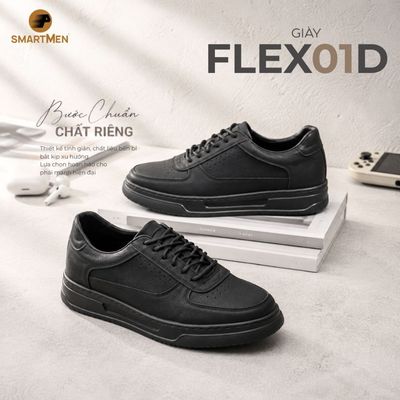[Sneaker đế IP siêu nhẹ] Giày thể thao FLEX-01-D màu đen SMARTMEN Da nappa, tăng chiều cao 5cm