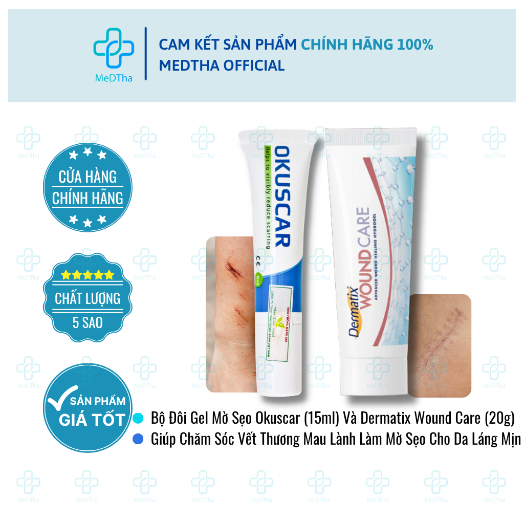 [COMBO LÀNH SẸO MỜ SẸO] Okuscar (15ml) + Dermatix Wound Care (20g) - Hỗ Trợ Chăm Sóc Vết Thương Mau 