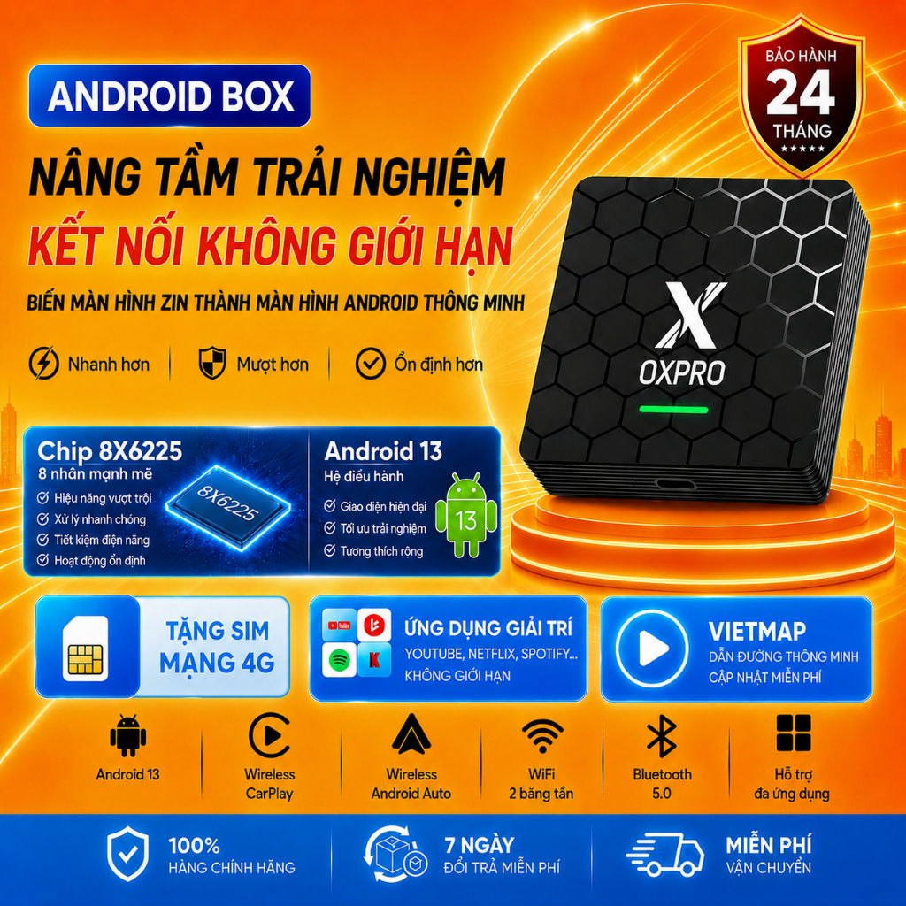 Bộ Android Box OXPRO Chính Hãng Qualacom 8X6225 Cao Cấp - Tặng Yotube Premium, Vietmap cho Ô Tô