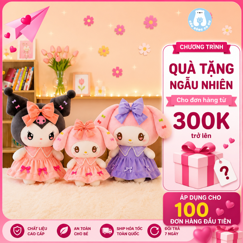 Gấu Bông Kuromi váy nơ tím hồng dễ thương, thú nhồi bông kuromi cao cấp, quà tặng sinh nhật cho bé -