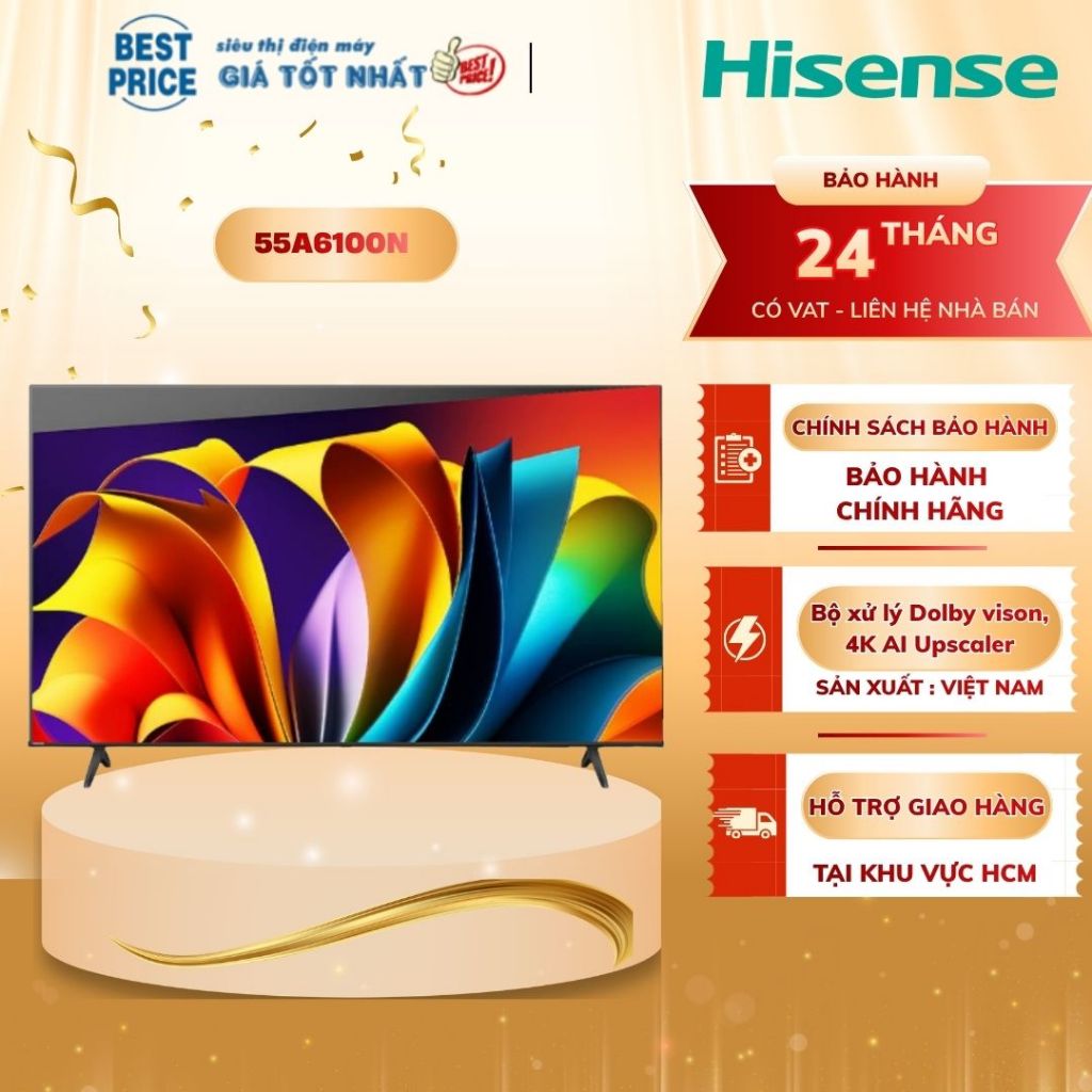55A6100N Smart Tivi Hisense 4K 55 inch – HDR10+, Dolby Atmos, VIDAA OS, thiết kế viền mỏng 55A6100N
