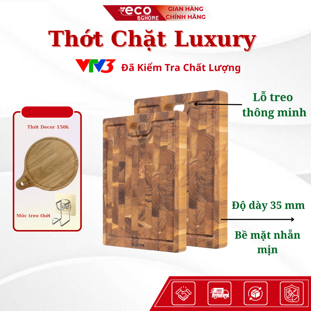 [Mua 1 Tặng 1] Thớt Chặt Luxury BGHOME Eco - Gỗ TEAK cao cấp kháng khuẩn, hạn chế nấm mốc, vi khuẩn