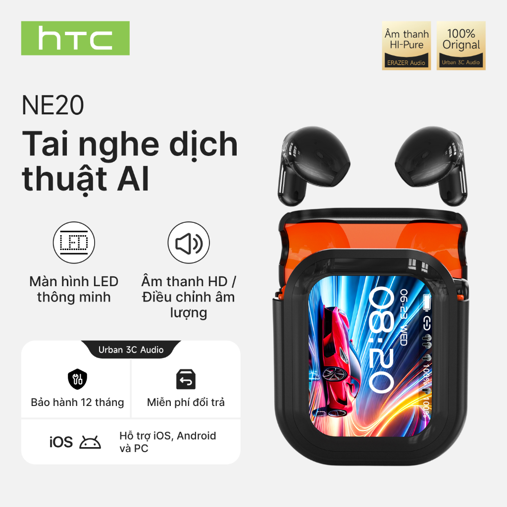 Tai Nghe HTC NE20 Chính Hãng – Bluetooth 6.0, Dịch AI 140 ngôn ngữ, Màn Hình LED Cảm Ứng