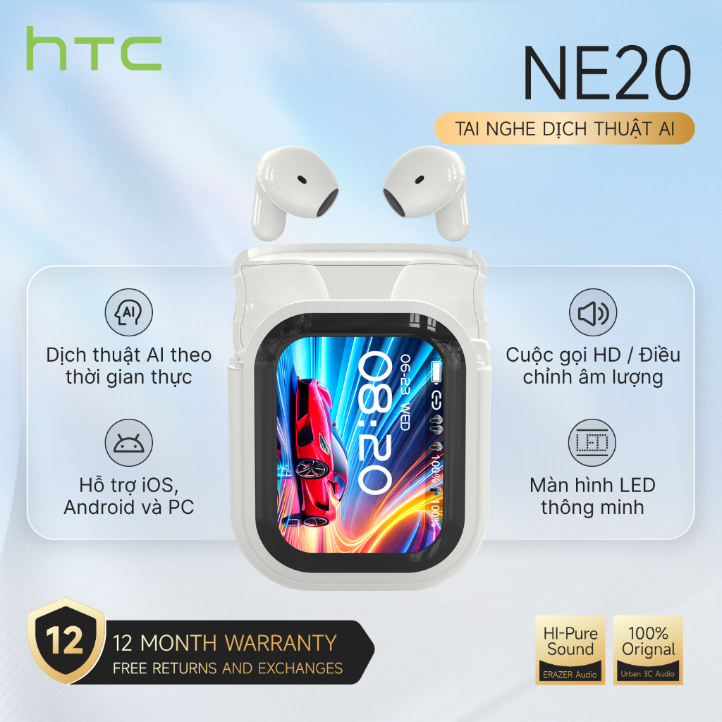 HTC NE20 Tai Nghe Dịch AI Màn Hình Cảm Ứng – Bluetooth 6.0, Hỗ trợ 140 ngôn ngữ, IPX5, Gọi HD