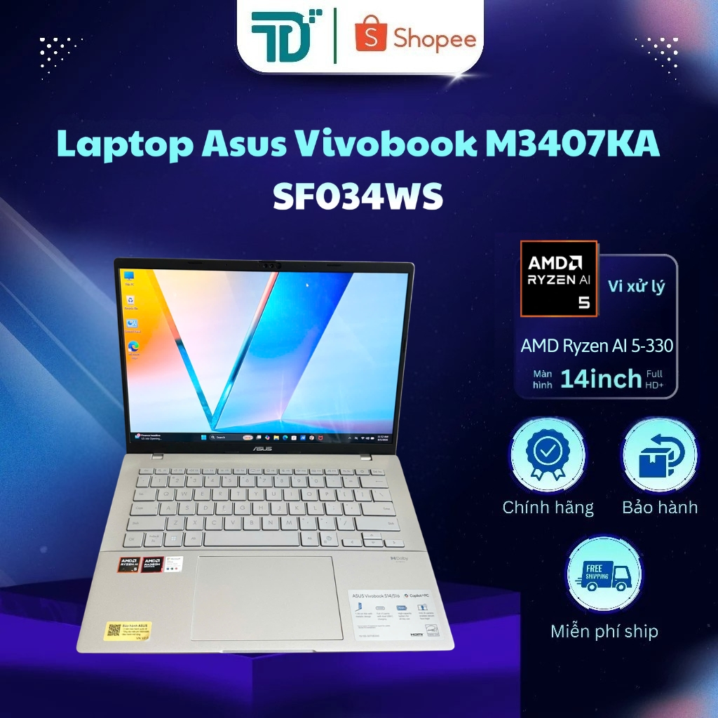Laptop Asus Vivobook M3407KA-SF034WS Ryzen AI 5 330/16GB/512GB/14"/W11 Bạc - Laptop 99%