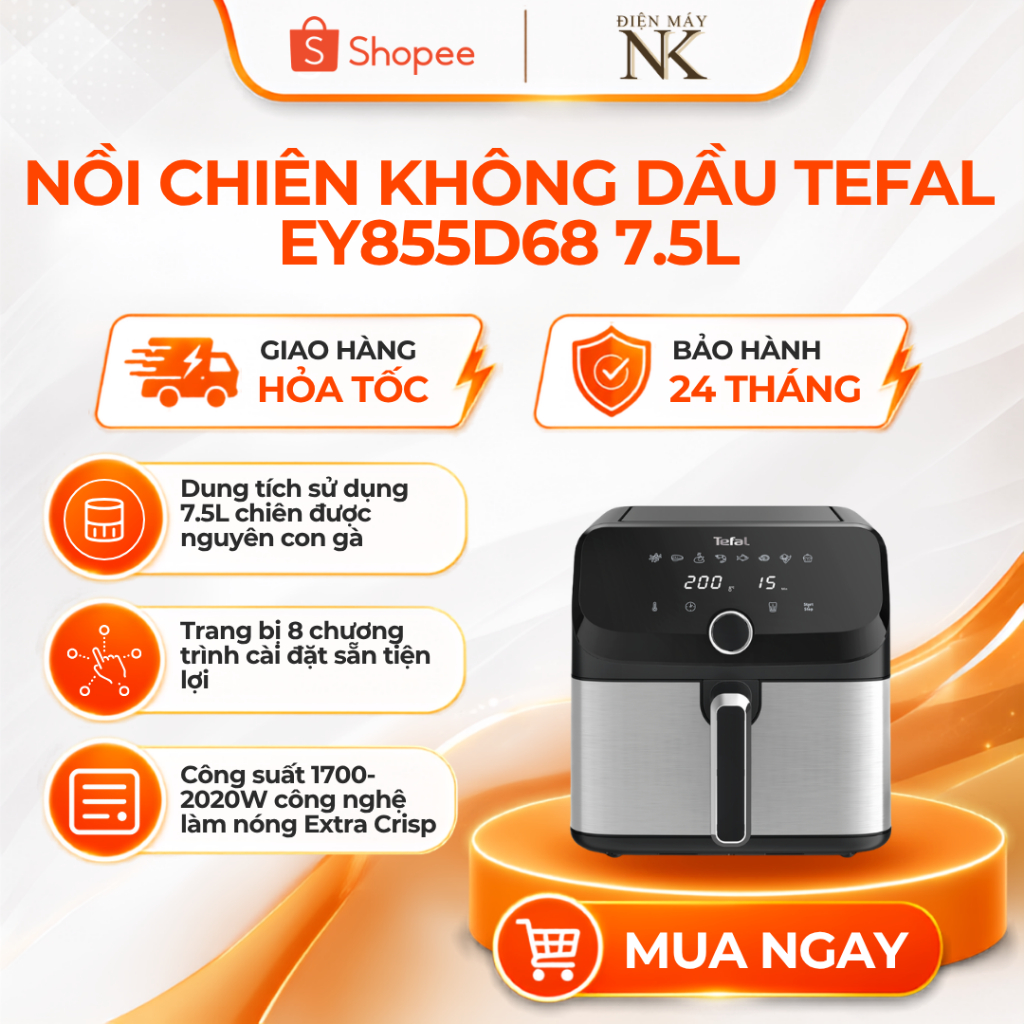 Nồi chiên không dầu điện tử Tefal EY855D68 EasyFry Mega 7.5L - Bảo Hành 24 Tháng
