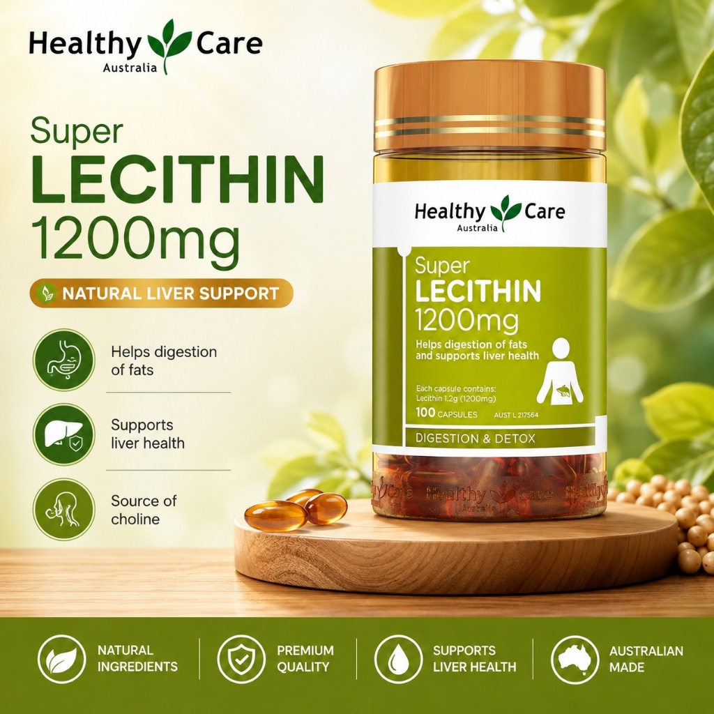 Healthy Care Super Lecithin 1200mg 100 Viên Nang Mềm - Bổ Sung Lecithin Hỗ Trợ Gan, Não Bộ & Chuyển 