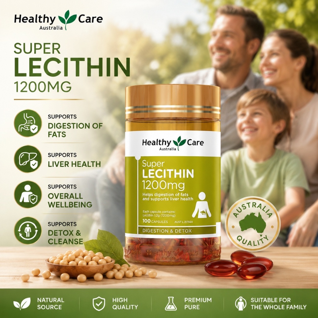 Healthy Care Super Lecithin 1200mg 100 Viên Nang Mềm - Bổ Sung Lecithin Hỗ Trợ Gan, Não Bộ & Chuyển 