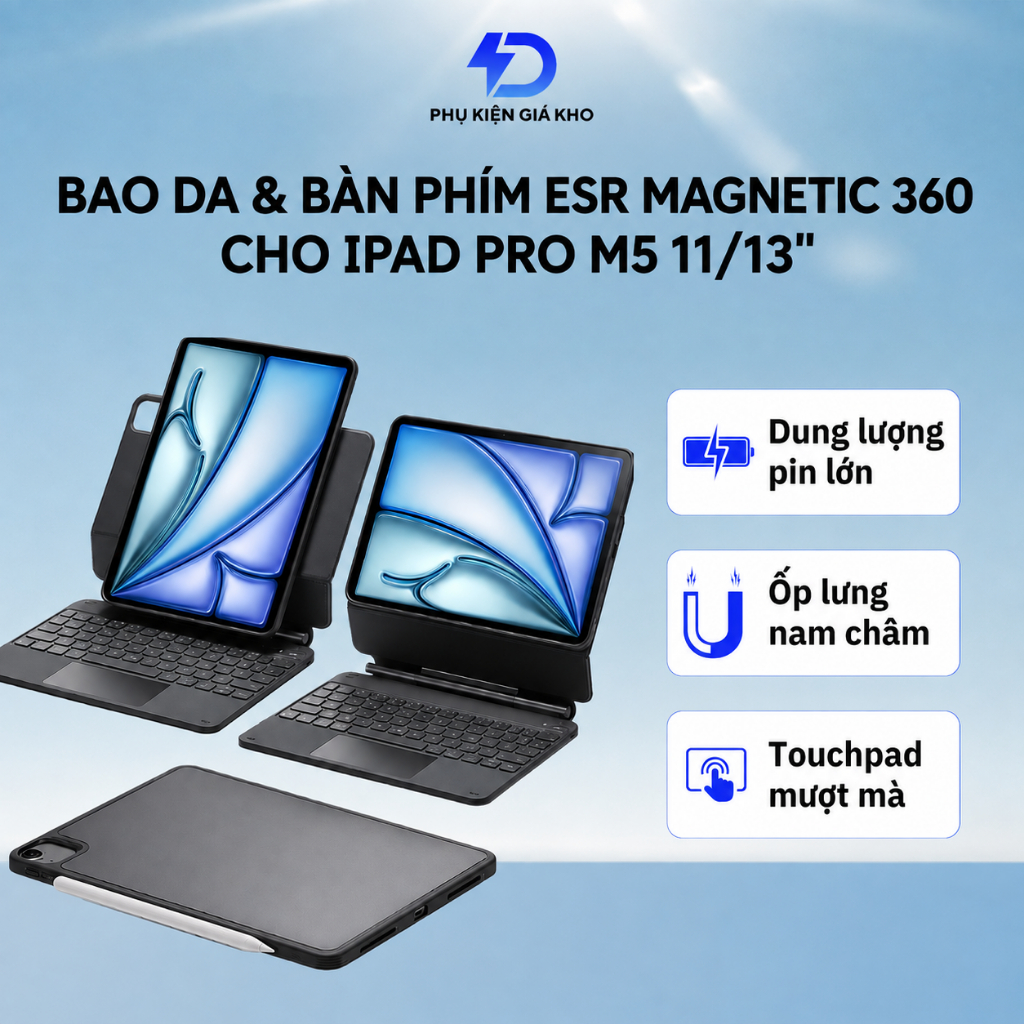 Bao da ESR kèm bàn phím Magnetic Rebound 360 Bảo vệ toàn diện 3 góc cho iPad Pro 11" 13" (2024/2025/
