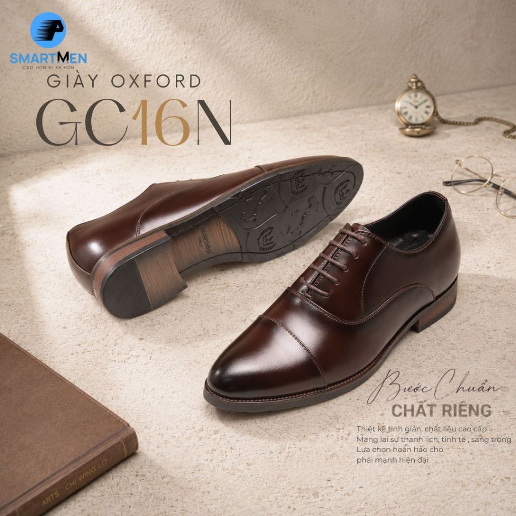 Giày Oxford Công sở Cao cấp nam SMARTMEN GC-16 Nâu Da bò, Tăng chiều cao, Đế phíp gỗ sang trọng