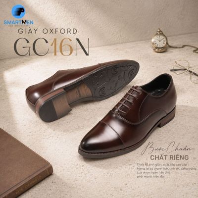 Giày Oxford Công sở Cao cấp nam SMARTMEN GC-16 Nâu Da bò, Tăng chiều cao, Đế phíp gỗ sang trọng